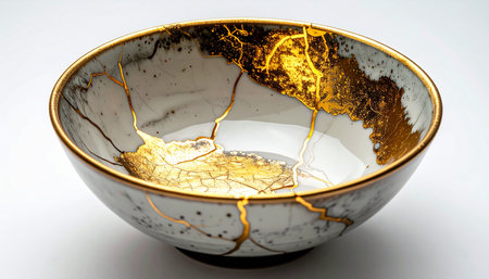 A beautifully restored ceramic bowl showcases the Japanese art of Kintsugi. Golden lacquer traces the lines of its past fractures, transforming damage into a unique and beautiful part of its history, symbolizing resilience and the beauty of imperfection.の素材