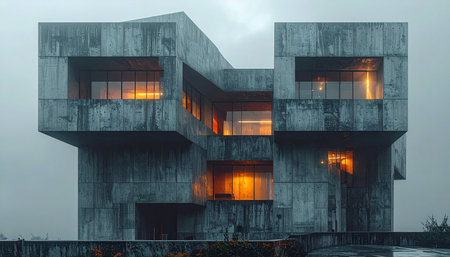 In the quiet of a gloomy twilight, a monolithic brutalist structure stands firm. Its cold, weathered concrete exterior contrasts sharply with the warm, inviting glow emanating from within, suggesting a sanctuary of light and life against the encroaching darkness.の素材