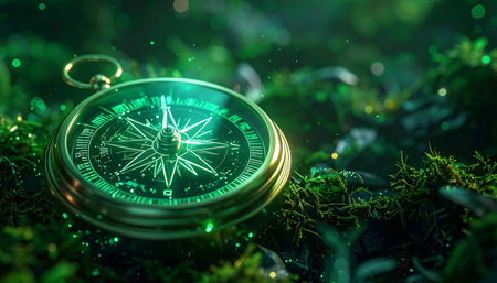 Deep within an ancient, enchanted forest, a mystical compass glows with an otherworldly green light. Lying on a bed of soft moss, its needle points not to the north, but towards destiny. This magical instrument serves as a beacon of hope and guidance for those on a profound journey of discovery, navigating through the unknown to find their true path.の素材