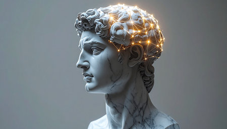 A classical marble bust, a symbol of ancient wisdom and artistic perfection, is illuminated from within by a glowing neural network. This surreal fusion represents the dawn of a new era where artificial intelligence merges with human history, philosophy, and creativity, sparking a digital renaissance of thought and innovation.の素材