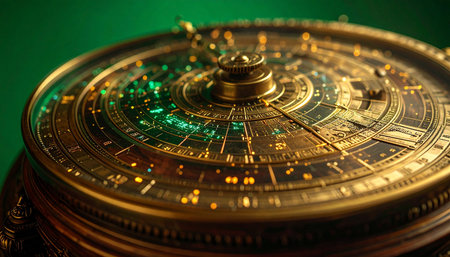 A close-up of a highly detailed golden astrolabe, an ancient instrument of navigation and astronomy. Glowing with an internal light against a mysterious green backdrop, it symbolizes the intersection of ancient wisdom, complex technology, and the quest to understand the cosmos, time, and destiny.の素材