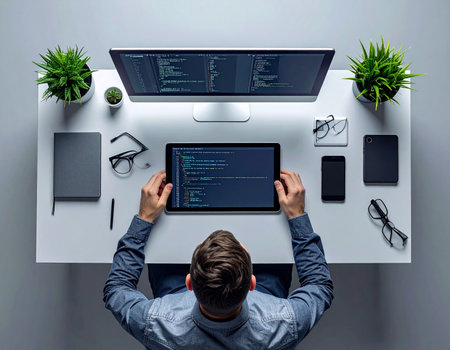 A focused software developer works diligently at his clean, organized desk. Seen from above, he multitasks between a large monitor and a tablet, crafting code for a new application. This image represents modern productivity, innovation, and the digital workflow of a tech professional.の素材