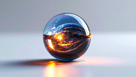 A crystal clear sphere rests on a reflective surface, capturing a mesmerizing vision within. It holds a miniature, glowing metropolis of the future, with streams of orange and blue light suggesting the constant flow of data and energy. This image symbolizes innovation, global connectivity, and the dawn of a new digital era.の素材