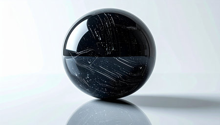 A perfectly polished black obsidian sphere rests on a reflective surface, its glossy exterior mirroring the world while its mysterious inner streaks hint at hidden depths. This minimalist composition evokes a sense of clarity, focus, and the unknown possibilities of the future.の素材