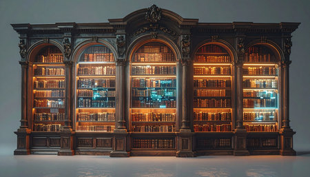 Within the hallowed halls of a timeless library, an ancient wooden bookcase stands as a monument to knowledge. Its shelves, filled with countless volumes, glow with a mysterious inner light, blending the warm wisdom of ages with a cool, futuristic luminescence, hinting at secrets yet to be discovered.の素材