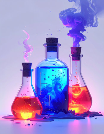 In a brightly lit laboratory, three glass flasks contain vibrant, glowing liquids. A mysterious chemical reaction is underway, with colorful smoke billowing from the concoctions, suggesting a magical breakthrough or a powerful scientific discovery.の素材