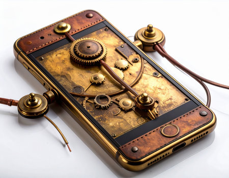 A fusion of Victorian engineering and modern communication, this custom steampunk smartphone showcases intricate brass gears and copper details. It represents a world where analog craftsmanship meets digital technology, a unique piece of retro-futuristic art.の素材