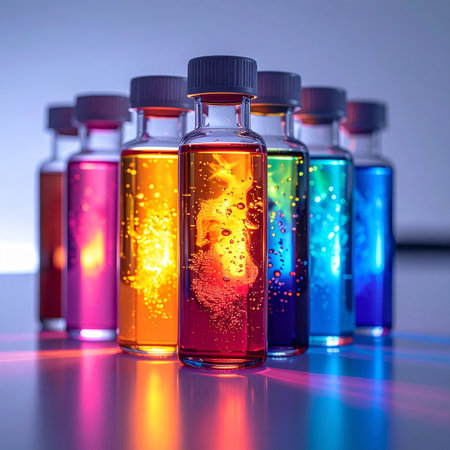 In a quiet, modern laboratory, a row of glass vials glows with vibrant, colorful liquids. Each bottle holds a unique chemical solution, representing a different stage of research or a potential breakthrough. The luminous display symbolizes the exciting frontier of scientific discovery, innovation, and the hope for future medical and technological advancements.の素材