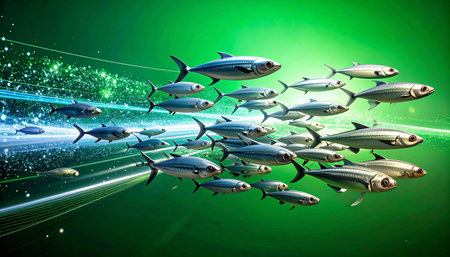 A synchronized school of fish surges forward through a vibrant green digital stream, their collective movement symbolizing teamwork, innovation, and the rapid flow of data. This image represents progress, unity, and the relentless drive towards a futuristic goal.の素材