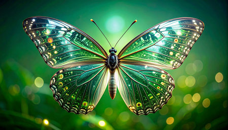 A magnificent butterfly with iridescent, jewel-like wings rests in an enchanted forest. Bathed in a soft, ethereal glow against a dreamy green bokeh background, this image captures a moment of pure magic, serenity, and natural wonder.の素材