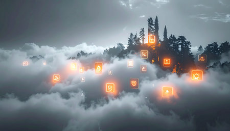 In a realm hidden above the world, a mysterious castle rests on a mountain peak shrouded in thick clouds. Glowing lanterns float serenely through the mist, illuminating a silent path to a forgotten kingdom, evoking a sense of wonder, peace, and ancient magic.の素材