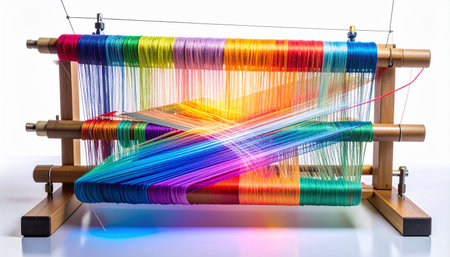 A traditional wooden loom is illuminated with a spectrum of vibrant, glowing threads. This image captures the intricate process of creation, where ancient craft meets modern color, symbolizing innovation, diversity, and the beautiful complexity of interconnected systems.の素材