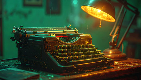 In a quiet room bathed in a mysterious green glow, a vintage typewriter sits on a wooden desk. A single lamp casts a warm, focused light, illuminating keys that hold countless untold stories, evoking nostalgia, creativity, and late-night inspiration.の素材