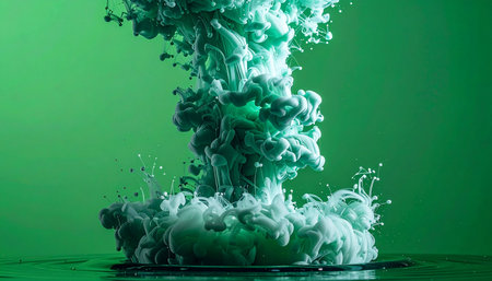 A vibrant cloud of green ink erupts in clear liquid, creating a dynamic and mesmerizing abstract formation. The swirling patterns suggest concepts of creation, chaotic energy, or a magical underwater phenomenon, perfect for backgrounds and creative projects.の素材