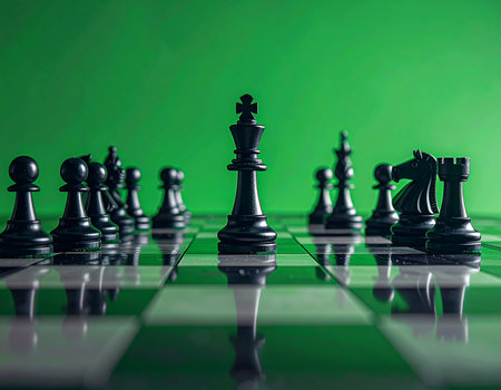 The black king stands resolute at the center of the board, a powerful symbol of leadership and strategic command. Backed by its army, it faces the challenges ahead on a striking green battlefield, representing a modern take on business tactics, competition, and intellectual warfare.の素材