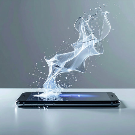 A dynamic splash of liquid data erupts from a smartphone screen, symbolizing the powerful and fluid flow of information in the digital age. This conceptual image represents innovation, connectivity, and the immersive nature of modern technology.の素材