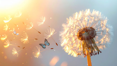 In the warm glow of a golden sunset, a dandelion releases its seeds to the gentle breeze. Accompanied by delicate butterflies, they embark on a journey of transformation, carrying wishes and the promise of new beginnings across the sky.の素材