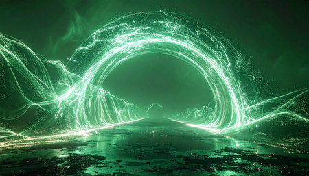 A brilliant vortex of green energy opens a gateway to a new digital dimension. Streams of light curve across a reflective, dark landscape, suggesting rapid movement through cyberspace or a journey into the unknown future of technology and innovation.の素材