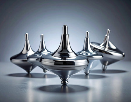 A team of sleek, metallic spinning tops moves in perfect unison, demonstrating precision, balance, and collaboration. The lead top stands firm, a symbol of stable leadership and successful strategy in a competitive environment.の素材