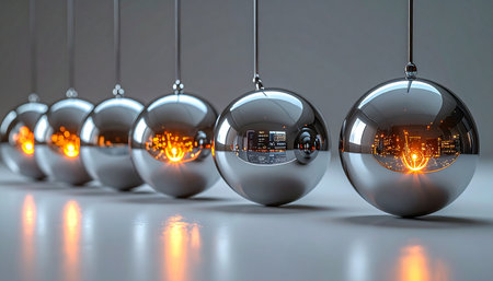 A close-up view of a Newtons cradle captures the precise moment of impact and energy transfer. The polished chrome spheres reflect a warm, glowing light, symbolizing the spark of an idea or the start of a powerful chain reaction. This image is a perfect metaphor for concepts like cause and effect, teamwork, and the ripple effect of a single action in business and science.の素材