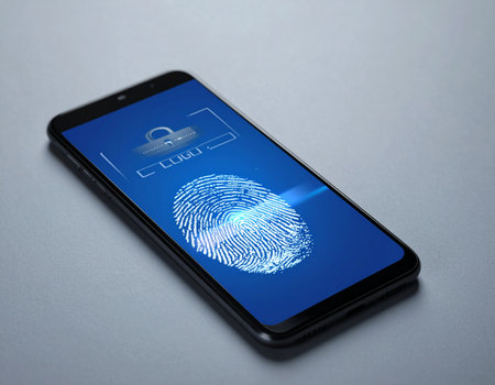 A users unique fingerprint glows on a smartphone screen, granting instant and secure access. This image represents the future of digital identity, where personal data is protected by advanced biometric technology, ensuring privacy and peace of mind in a connected world.の素材
