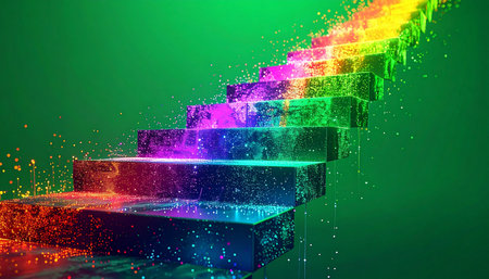 Ascend a vibrant, glowing staircase of pure energy, where each colorful step represents progress on the path to success. This abstract concept visualizes the journey of growth, ambition, and achieving ones goals against a backdrop of limitless potential.の素材