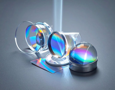 A beam of pure light passes through a collection of precision-engineered optical components, revealing the hidden, vibrant colors of the visible spectrum. This image captures a moment of scientific discovery, symbolizing innovation, clarity, and technological breakthroughs.の素材