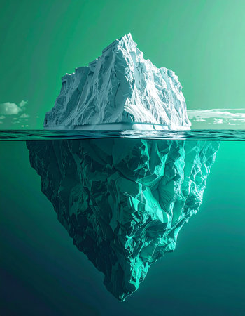 A majestic iceberg floats in a serene green ocean, its visible peak only hinting at the immense, hidden mass submerged below. This powerful visual metaphor represents unseen challenges, hidden potential, and the profound depths of reality that lie beneath the surface of perception.の素材