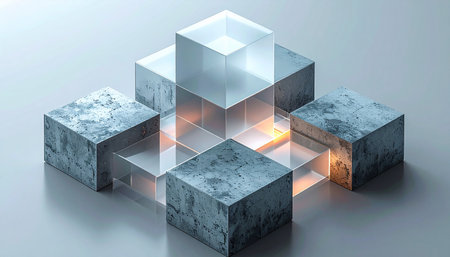 A central, glowing core of energy illuminates a hybrid structure, where transparent glass cubes integrate seamlessly with solid marble blocks. This abstract 3D render symbolizes the fusion of modern technology and foundational stability, representing concepts like blockchain, secure data, and innovative architectural solutions.の素材