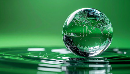 A crystal globe reflecting a complex digital landscape rests on a green circuit board, symbolizing the fusion of global connectivity and sustainable technology. This image represents a future where innovation and environmental consciousness drive progress, and data flows seamlessly across a green network.の素材
