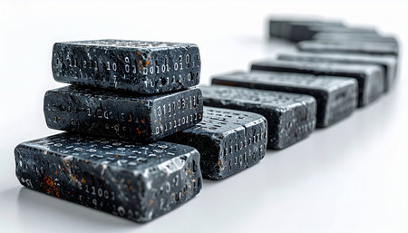 A precise row of traditional black ink sticks rests on a clean white surface. Each block, rich with history and artistic potential, waits patiently for the artists brush to bring ancient characters and delicate paintings to life.の素材