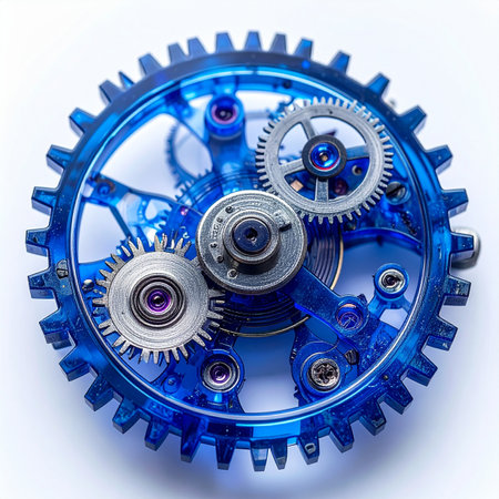 A macro view reveals the intricate inner workings of a transparent blue clockwork. Each gear and jewel works in perfect harmony, a beautiful representation of precision engineering, complex systems, and the unstoppable march of time.の素材