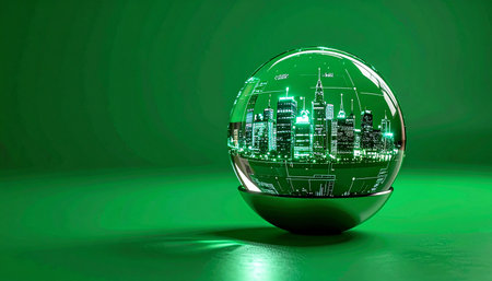 A luminous vision of a future metropolis is captured within a crystal sphere, glowing with green light. This conceptual image represents sustainable urban development, green technology, and a hopeful outlook on the future of smart cities and environmental innovation.の素材