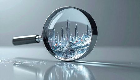 A magnifying glass focuses on a clear liquid, revealing the intricate details of a miniature city within. This powerful visual represents close examination, urban analysis, environmental research, and the discovery of hidden complexities in our world.の素材