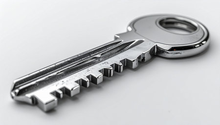 A single, modern silver key lies ready, its intricate design hinting at the high-level security it provides. This is more than just metal its the symbol of a new opportunity, the solution to a complex problem, or the access to a private and secure space.の素材