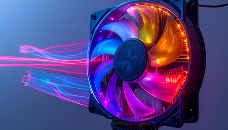 A high-performance RGB computer fan spins rapidly, its vibrant, multi-colored LED lights creating a mesmerizing blur. Abstract neon light trails streak past, symbolizing the immense speed of data processing and efficient cooling, essential for the world of modern gaming and high-end computing.の素材