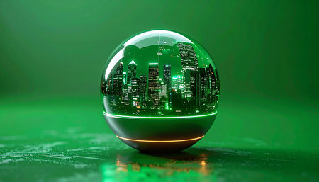 A glowing crystal orb holds the vision of a futuristic metropolis, its neon-lit towers reflected within. This sphere represents a digital world, a sustainable urban utopia, or a glimpse into the future of technology and green innovation, resting on a reflective surface that mirrors its brilliance.の素材