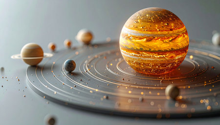 A glowing model of our solar system, with a luminous Jupiter at its heart, represents the intersection of ancient astronomy and future technology. This intricate orrery visualizes the complex dance of the planets, symbolizing concepts of order, discovery, and the endless quest for knowledge in the vast cosmos.の素材