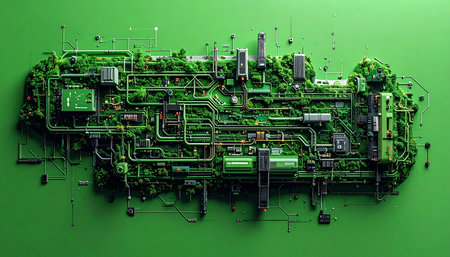 An intricate, top-down view of a futuristic industrial complex where technology and nature coexist in perfect harmony. This self-sustaining ecosystem, powered by green energy, represents a utopian vision of sustainable innovation, where complex networks of pipes and circuits are overgrown with lush vegetation, symbolizing a new era of environmental responsibility.の素材