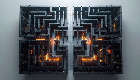 A glowing orange light traces a complex path through a dark, futuristic labyrinth. This 3D render represents the journey of finding a solution, navigating challenges, and the strategic thinking required to overcome complex problems in technology and business.の素材