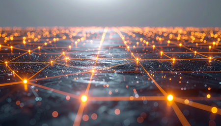 A sprawling digital landscape where glowing nodes of data are interconnected by luminous lines, forming a vast network that stretches to a bright, futuristic horizon. This represents the constant flow of information, global connectivity, and the complex infrastructure of modern technology.の素材