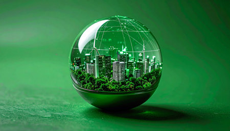 Encapsulated within a crystal clear sphere, a utopian city thrives amidst lush greenery. This conceptual image represents a hopeful vision for the future of urban development, where technology and nature coexist in perfect harmony, symbolizing sustainable growth, environmental protection, and innovative green planning.の素材