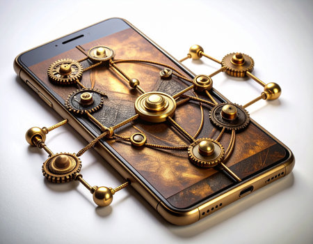 A modern smartphone is overlaid with an intricate network of brass steampunk gears and mechanisms, symbolizing the complex inner workings of digital technology. This image represents the fusion of vintage industrial design with futuristic connectivity, illustrating concepts like data processing, complex systems, and retro-futuristic innovation.の素材