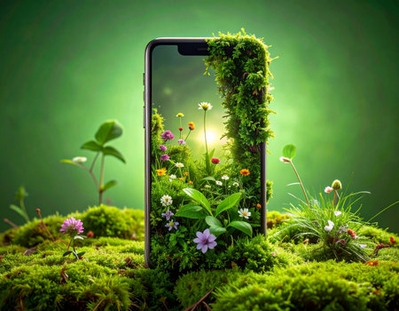 A smartphone rests on a bed of lush moss, its screen opening a magical portal to a sun-drenched digital garden. This image represents the seamless integration of modern technology with the natural world, symbolizing concepts like green innovation, sustainability, and a future where digital life and environmental consciousness coexist beautifully.の素材