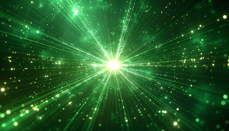 A brilliant burst of green light propels the viewer through a digital cosmos, representing the incredible speed of data transfer, technological innovation, and the boundless energy of the future. This dynamic background visualizes concepts like hyperspace travel, network connections, and a quantum leap forward.の素材