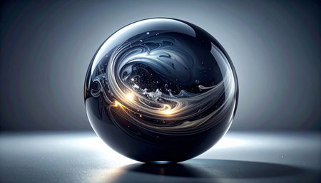A mysterious, glossy orb rests on a smooth surface, containing a swirling galaxy within its depths. Golden light emanates from the cosmic energy trapped inside, suggesting immense power, the secrets of the universe, or a glimpse into the future. This elegant and futuristic image evokes a sense of wonder, magic, and infinite possibility.の素材