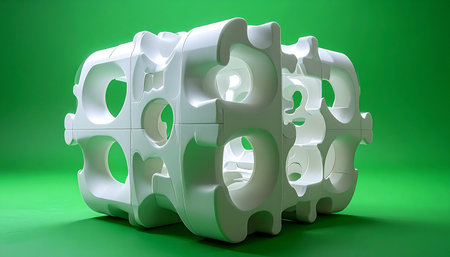 A marvel of industrial design, this precisely engineered protective mold sits against a vibrant green background. Its intricate structure is designed to cradle and secure valuable components during shipping, representing a fusion of technology, safety, and logistics.の素材