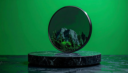 A crystal clear sphere rests on a dark marble podium, revealing a stunningly detailed mountain landscape within its reflection. Set against a vibrant green screen, this image symbolizes foresight, environmental preservation, and the intersection of nature and technology. Its a powerful visual for concepts of future planning, virtual worlds, and ecological awareness.の素材