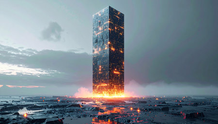 A mysterious, glowing monolith emerges from a turbulent ocean, its internal lights flickering like a digital heart. This futuristic power core stands as a beacon of advanced technology against a stormy, dramatic sky, symbolizing immense data, untapped energy, and the dawn of a new technological era.の素材