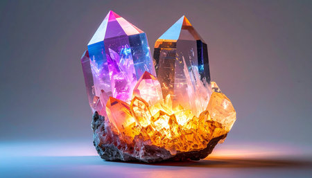 A magnificent crystal cluster radiates a powerful, multicolored light from its core. Hues of purple, orange, and pink blend together, suggesting a source of mystical energy, natural wonder, and spiritual healing.の素材